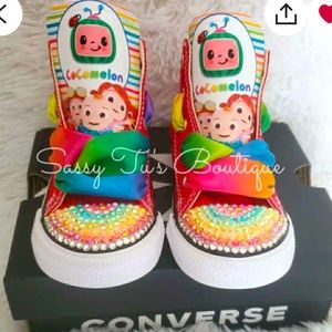 Custom Bling Cocomelon Converse in Red. Size 3. LIKE NEW WITH BOX